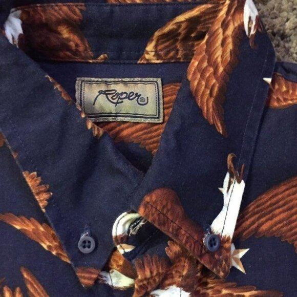 Roper Western Shirt Men’s L Bald Eagle Print Button Down Navy USA Cotton - Picture 5 of 12